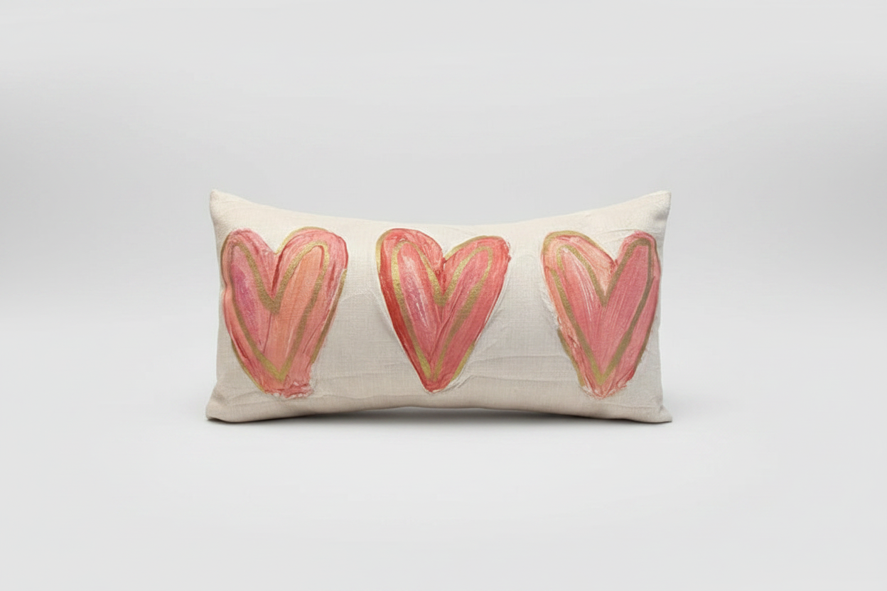 Southern Cotton Mill Decorative pillow with pink heart designs on a light gray background
