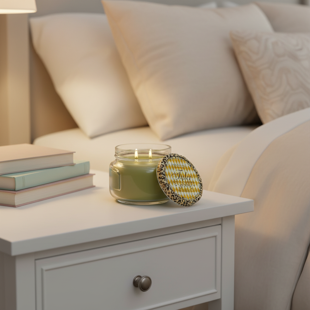 Tyler Candle Company Diva 11 oz two-wick scented candle with green wax and decorative leopard-print lid styled on a bedside table with cream bedding and books