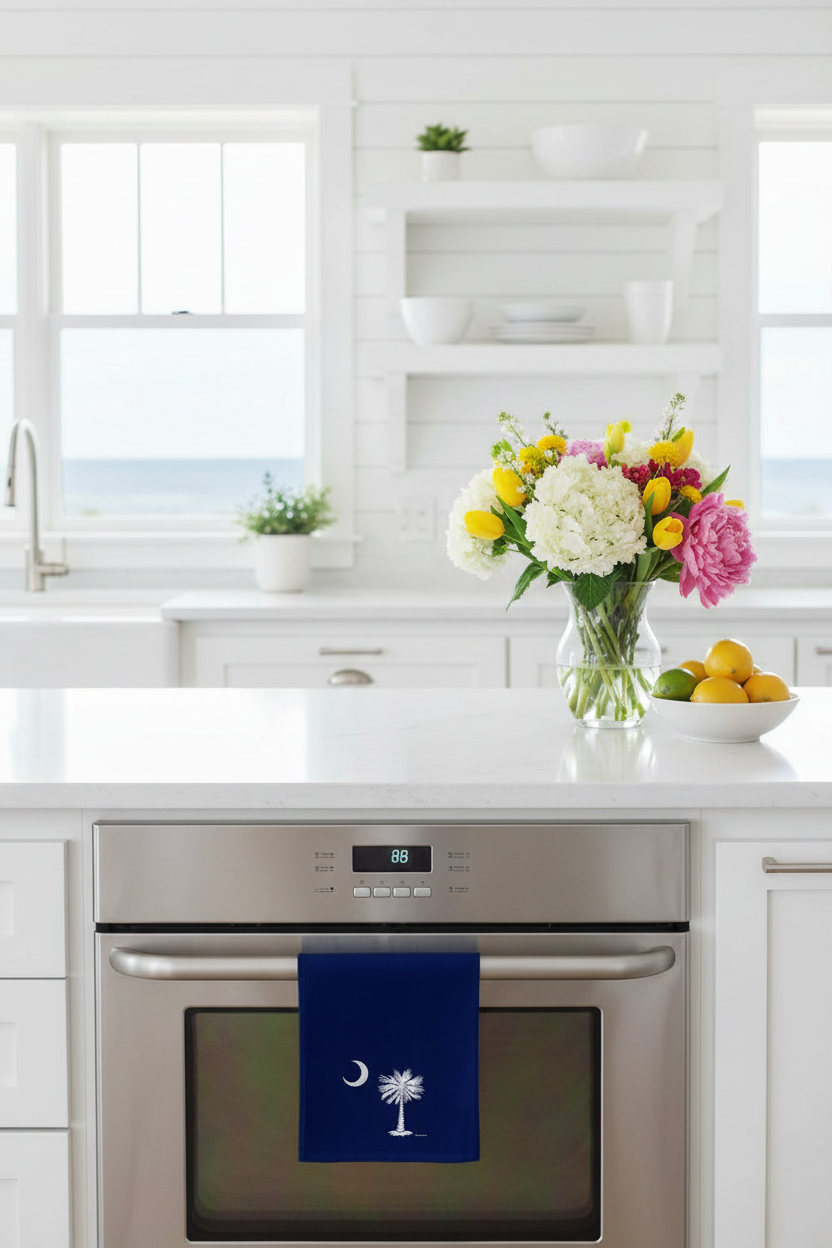 Betsy Drake Interiors Palmetto Moon navy blue kitchen towel hanging on an oven handle in a bright white coastal kitchen