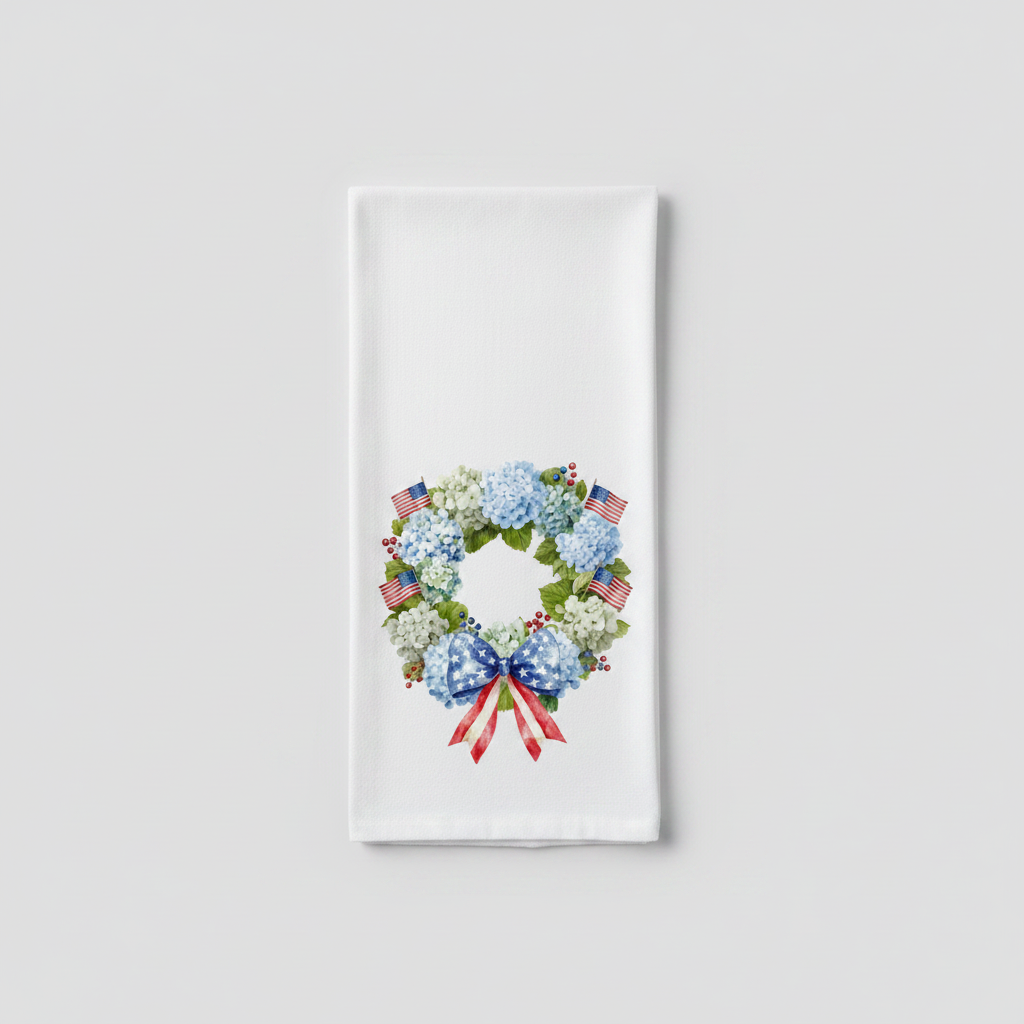 Patriotic hydrangea and American flag wreath tea towel on a light gray background