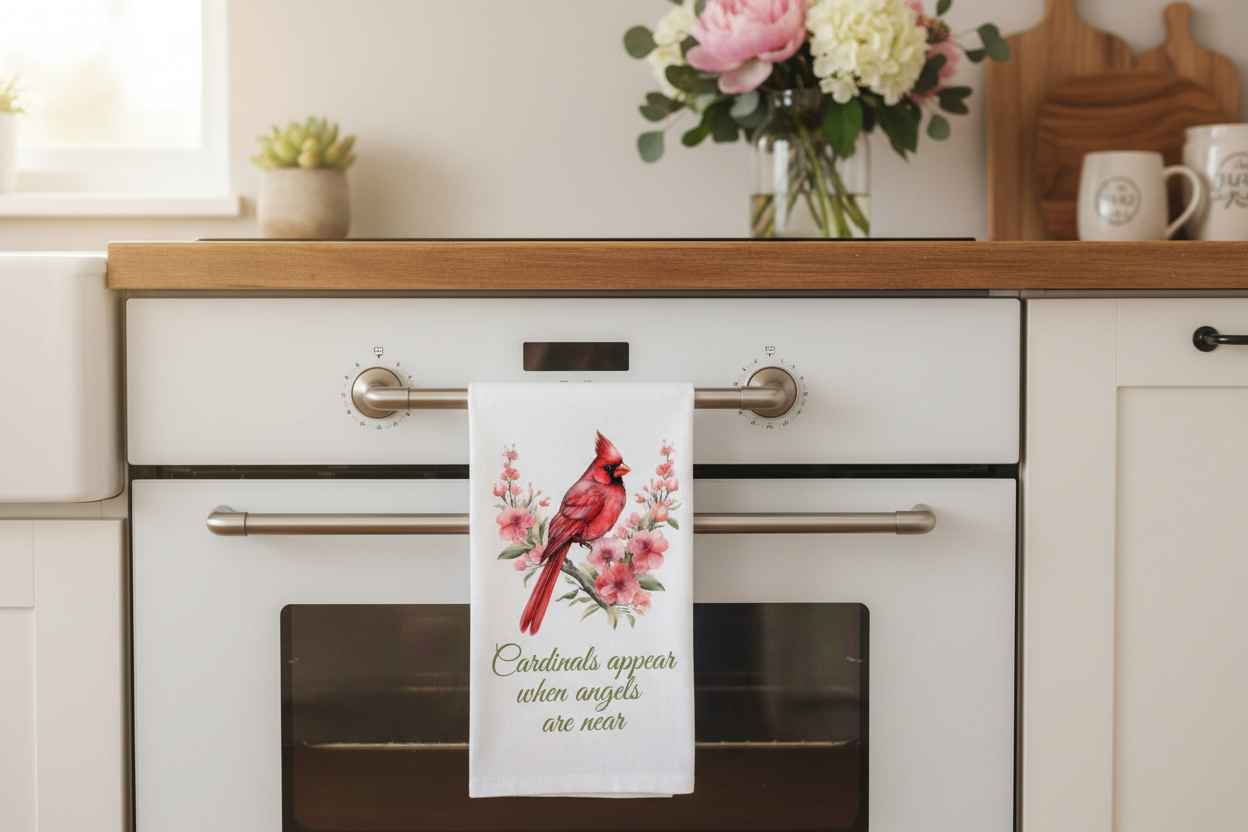 Watercolor Red Cardinal Floral Tea Towel