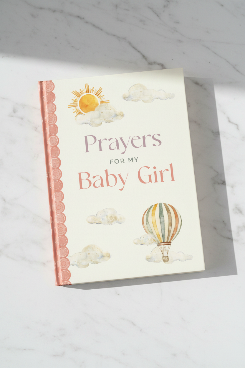 Book titled 'Prayers for My Baby Girl' with illustrations on a marble surface