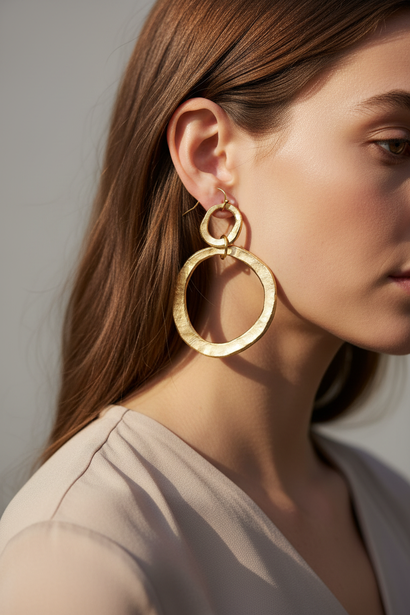Woman wearing Susan Shaw gold double hoop drop earrings, close-up editorial shot