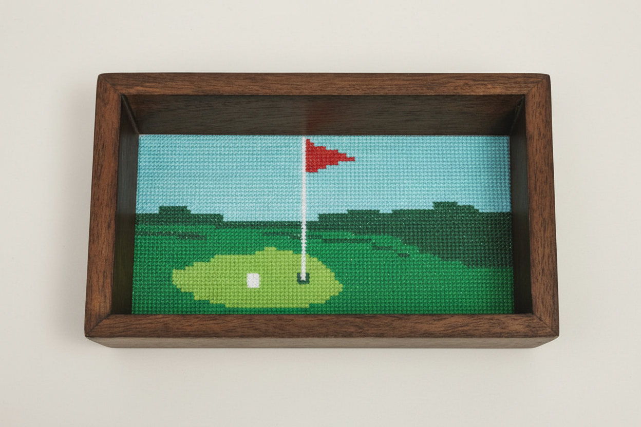 Mudpie Golf Needlepoint Tray flat lay showing full interior needlepoint golf course scene with red flag and mango wood frame