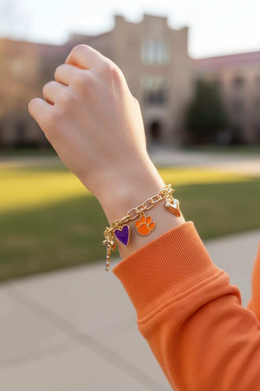 Clemson Tigers Enamel Icons Charm Bracelet in Shiny Gold