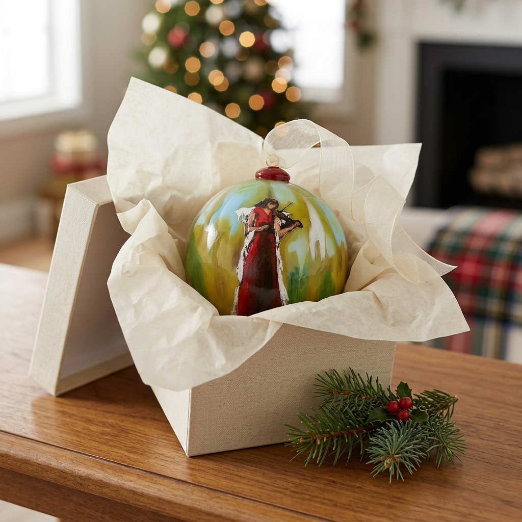Hymn of Heaven glass angel ornament styled in an open gift box with cream tissue and evergreen accents; box is a styling prop