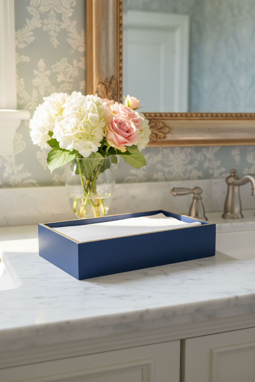 Blue guest towel holder with white tissues on a marble countertop with flowers and a mirror in the background.