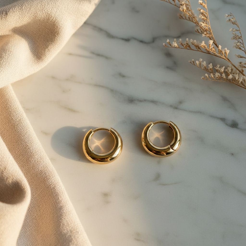 Michelle McDowell evie Gold hoop earrings on a marble surface with beige fabric and dried flowers.