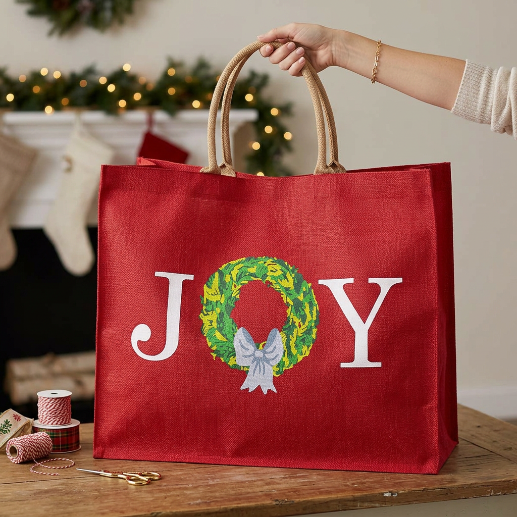 Oversized red jute JOY wreath tote held by its natural handles, with a small hand for scale, on a Christmas gift-wrapping table.