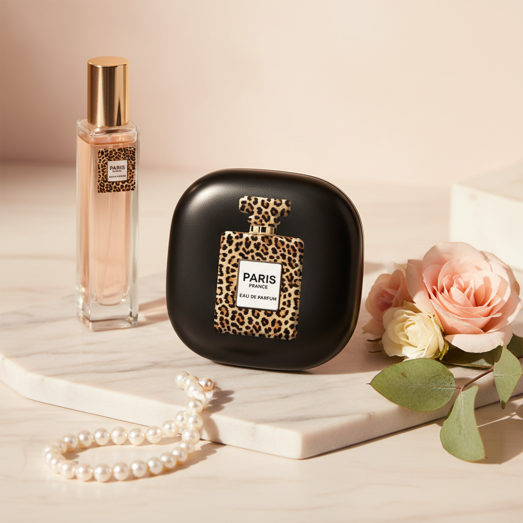 Toss designs Perfume bottle makeup compact with leopard print design on a marble surface with flowers and pearls.