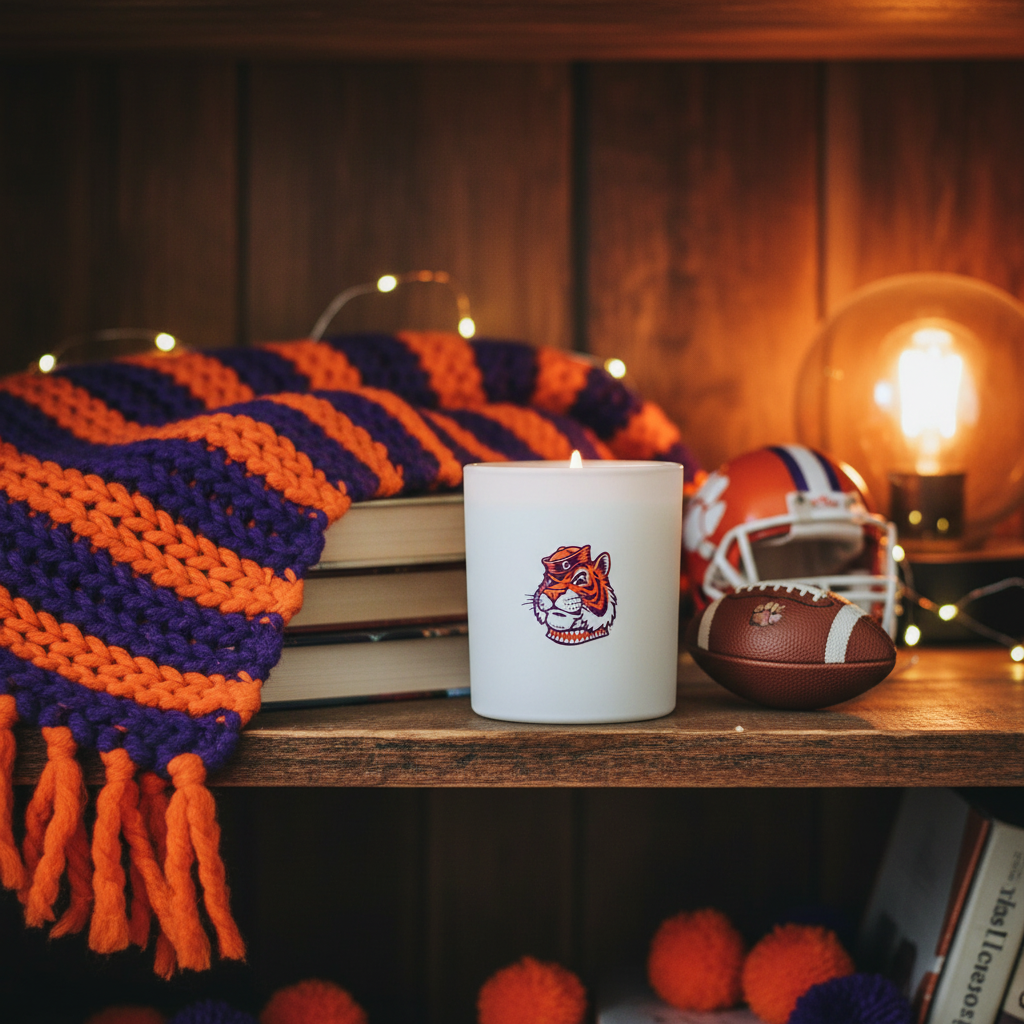 Clemson University 10 oz candle styled in a cozy home setting with warm ambient lighting