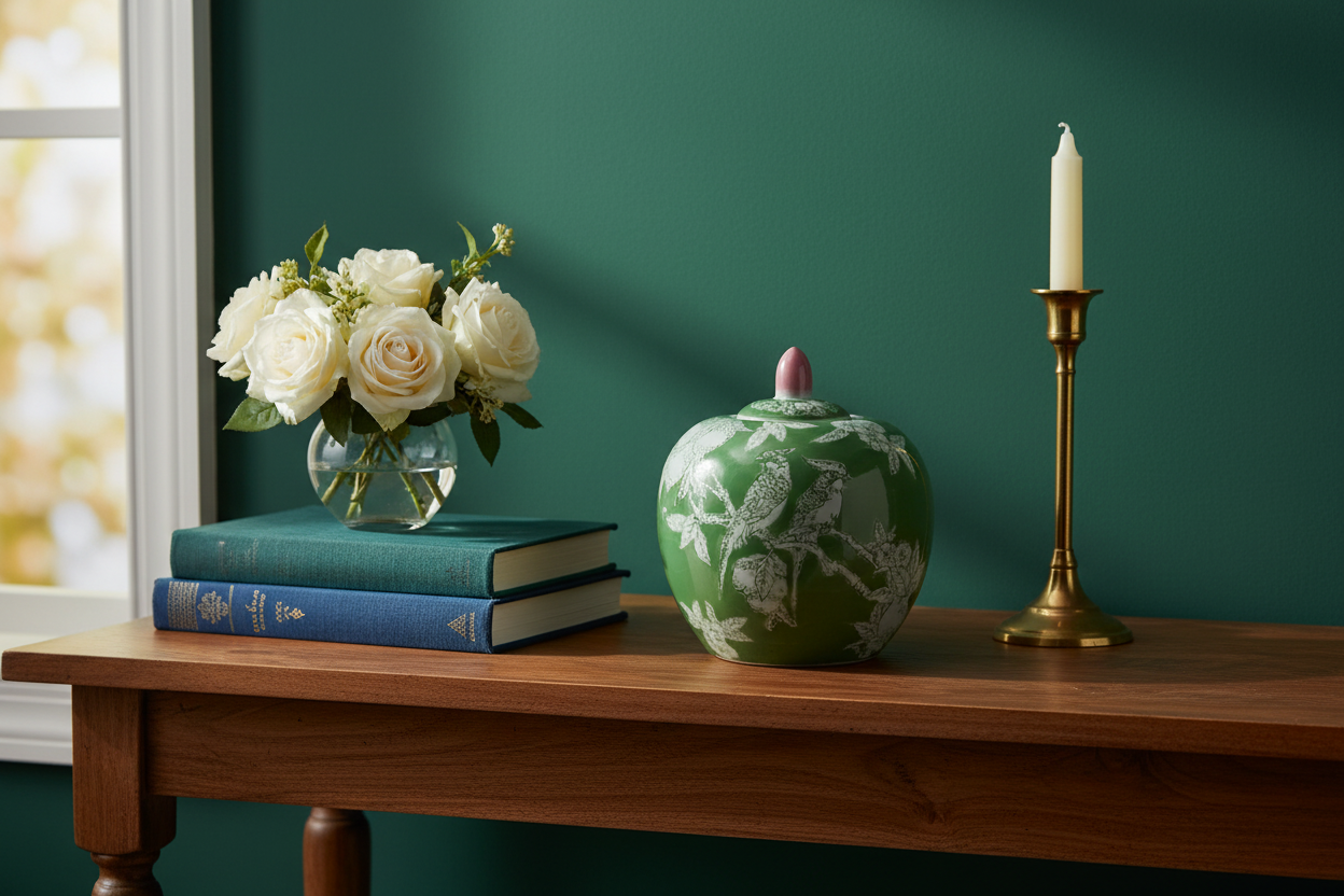 Hazel Mazel green chinoiserie ginger jar styled on a console table with white roses, coffee table books, and a brass candlestick