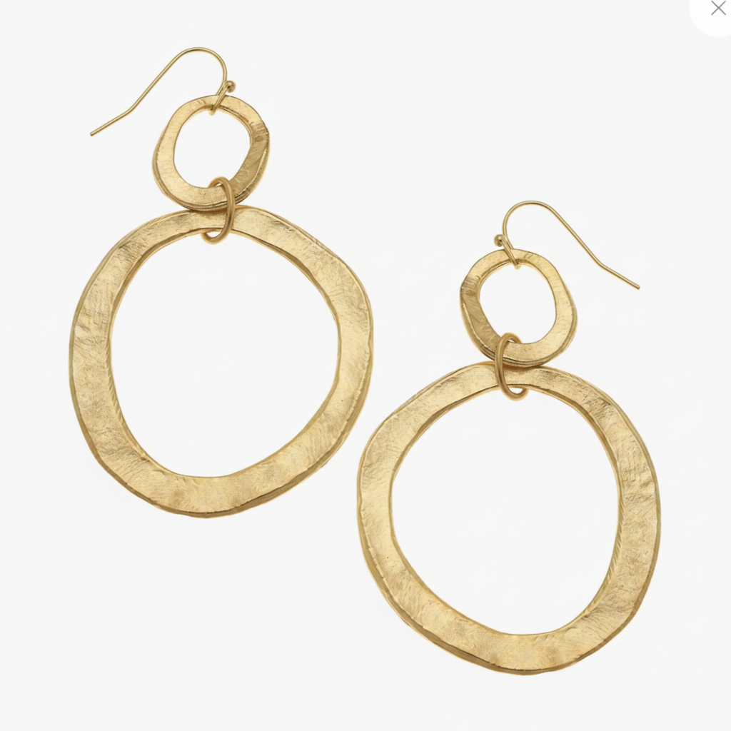 Susan Shaw gold double hammered hoop drop earrings on a white background