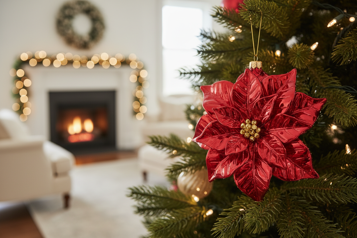 Red glass poinsettia ornament hanging on a warmly lit Christmas tree in an elegant living room