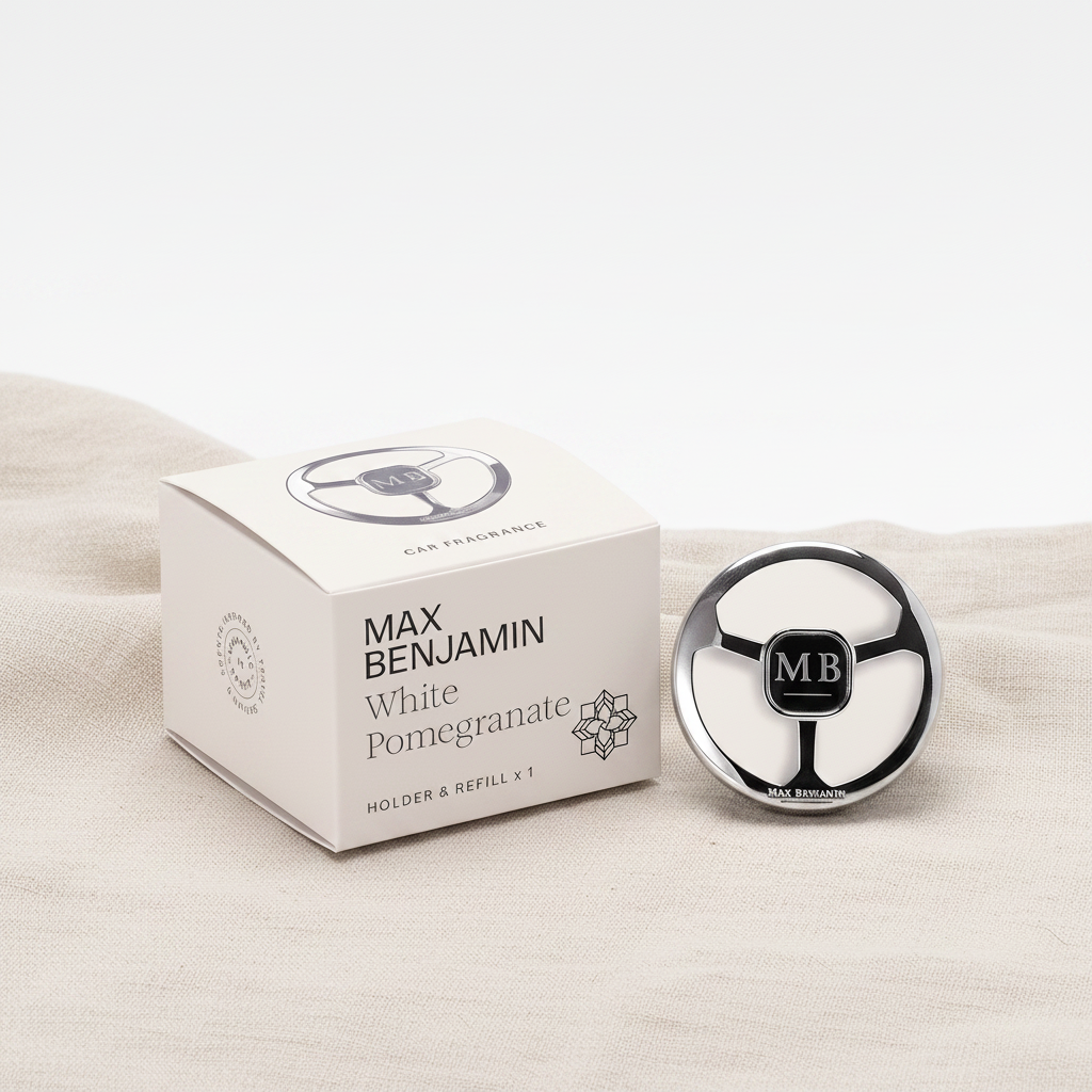 Max Benjamin White Pomegranate Car Fragrance Dispenser and white gift box on natural linen backdrop