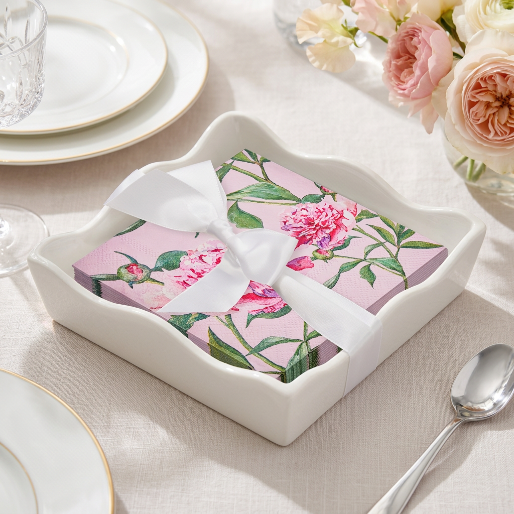 Pink peony paper cocktail napkins in a white ceramic wavy tray on a linen brunch table.