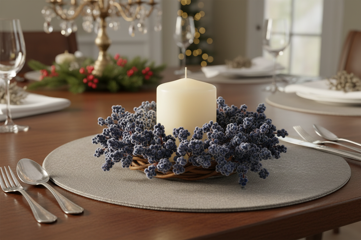 Compact iced dark blue berry candle ring shown around a 3-inch ivory pillar candle on a dining table