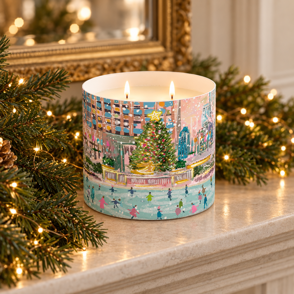 Rebecca Illustrated Christmas Time City double-wick candle lit on a holiday mantel with evergreen branches and warm lights