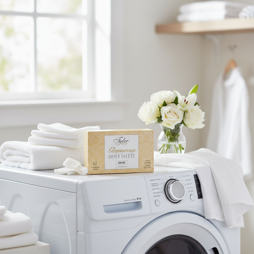 Tyler Candle Company Diva Glamorous Dryer Sheets box on white washing machine with fresh white linens and white flowers in bright laundry room