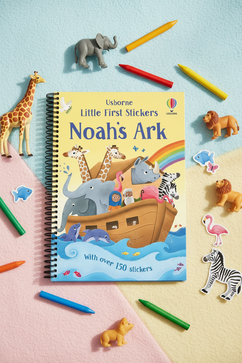 Children's book titled 'Noah's Ark' with stickers and toy animals on a colorful background