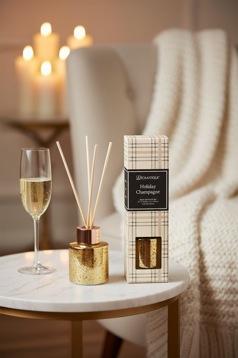 Aromatique reed diffuser in gold next to a decorative box  On a nightstand 