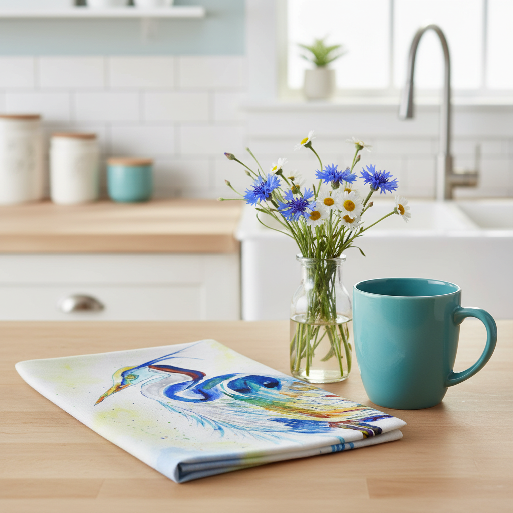 Betsy Drake Interiors Watercolor Heron colorful blue heron art tea towel folded on a light wood kitchen counter with blue and white wildflowers and a turquoise ceramic mug