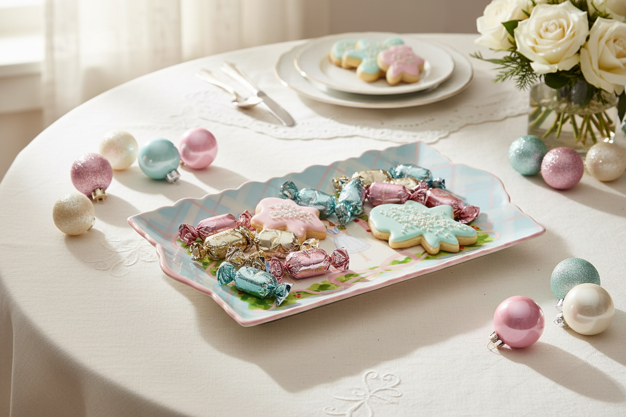 RAZ Imports 13-inch pastel plaid dolomite nutcracker ballet tray styled with pastel Christmas treats on a holiday dining table