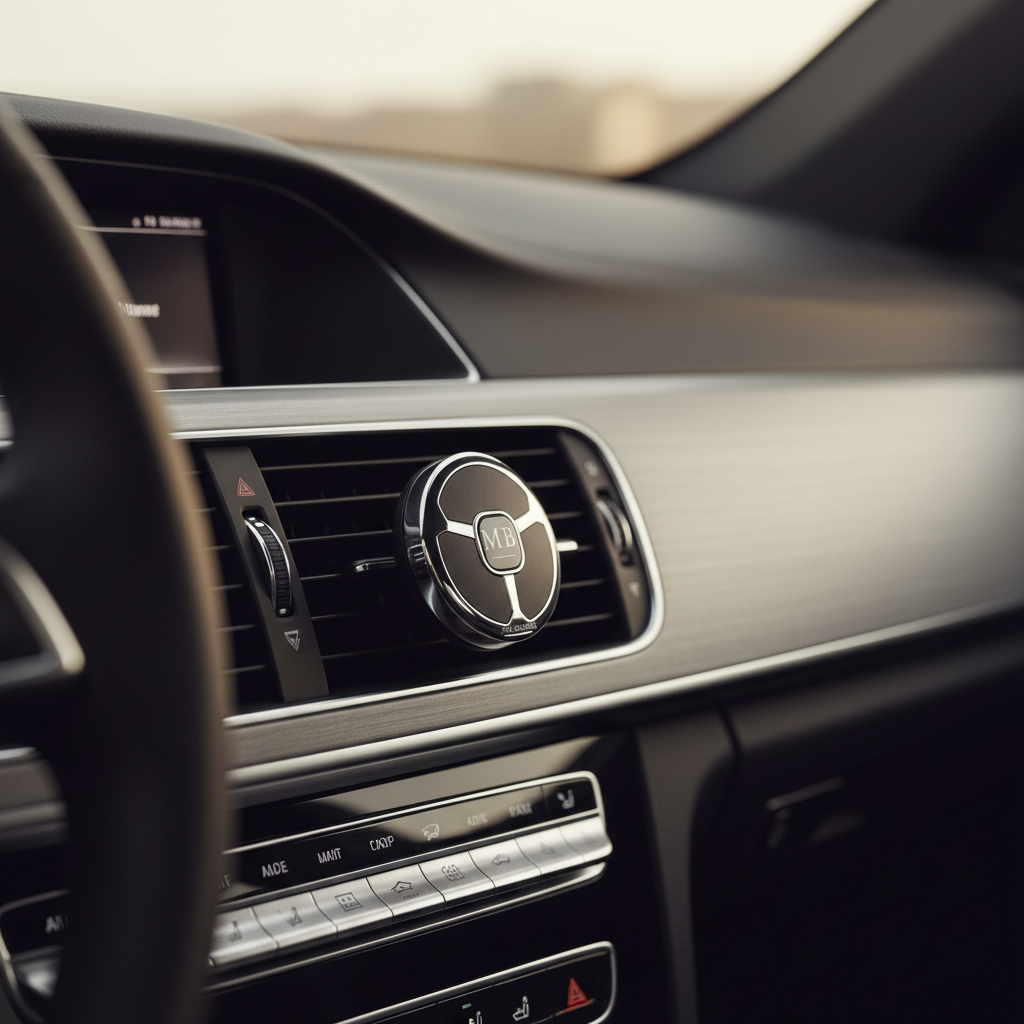 Max Benjamin Dodici Car Fragrance Dispenser clipped to car air vent in modern luxury car interior