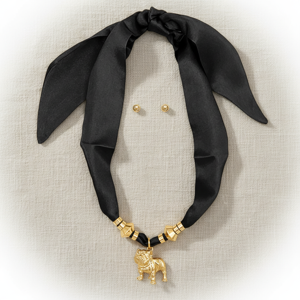Grace Ann Designs Black ribbon with gold jewelry including a necklace and earrings on a textured beige background