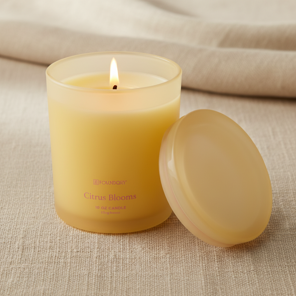 Lit Aromatique candle with a lid on a textured surface