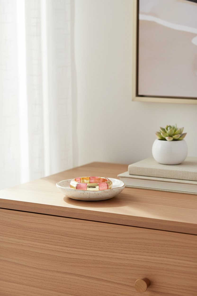 Wooden dresser with a small plant and decorative items on top