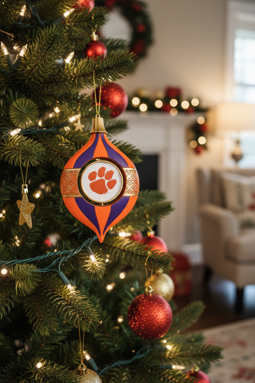 Decorative Christmas tree with a Clemson paw print ornament in a festive room.