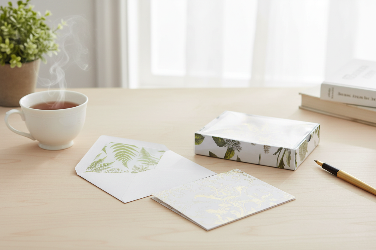 Anna Griffin Botanical foil swirl folded note cards styled on a desk with tea and pen