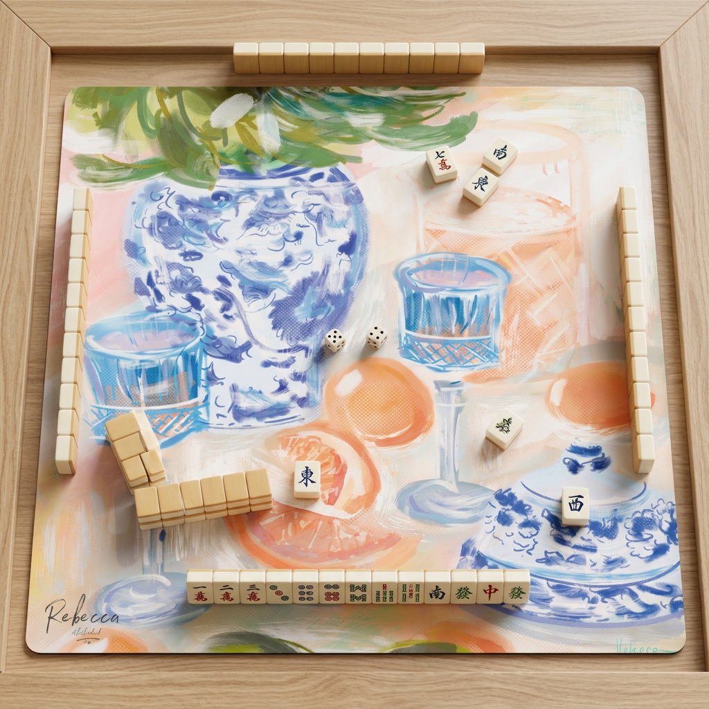 Chinoiserie and citrus Mahjong mat laid flat on a wooden table with ivory Mahjong tiles and two dice, showing blue-and-white pottery and orange artwork.