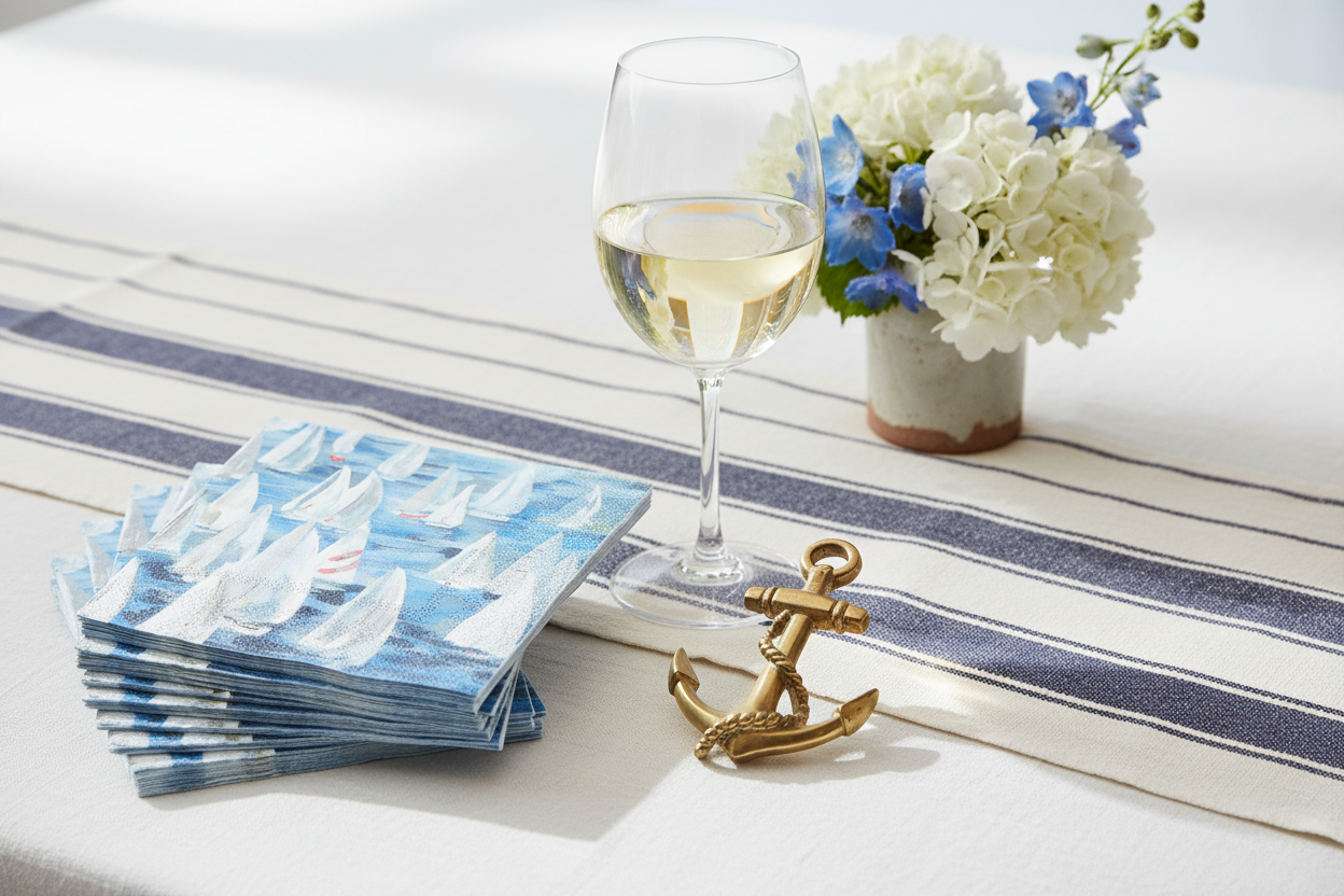 Glass of white wine with a decorative anchor, stack of blue and white napkins, and flowers on a striped tablecloth.
