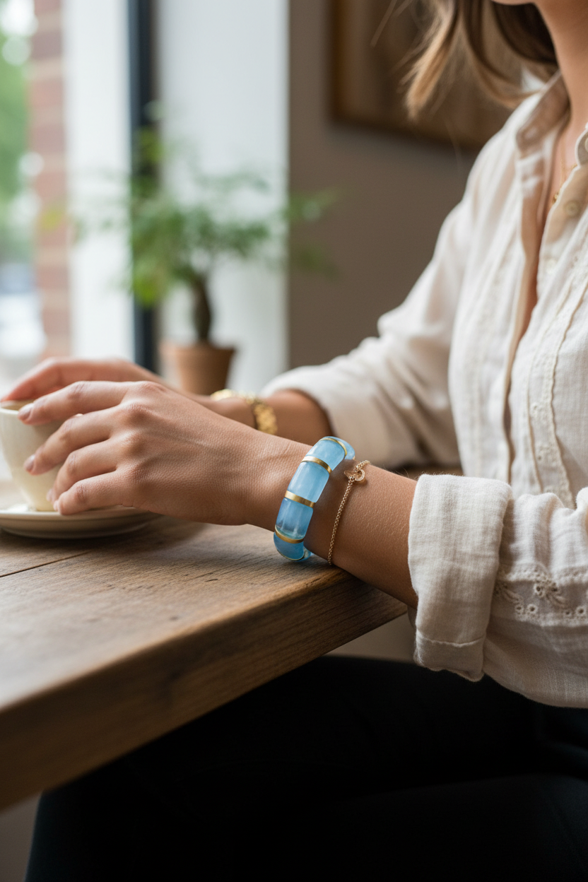 Person sitting at a table with a cup of coffee, wearing a white shirt and colorful bracelets.