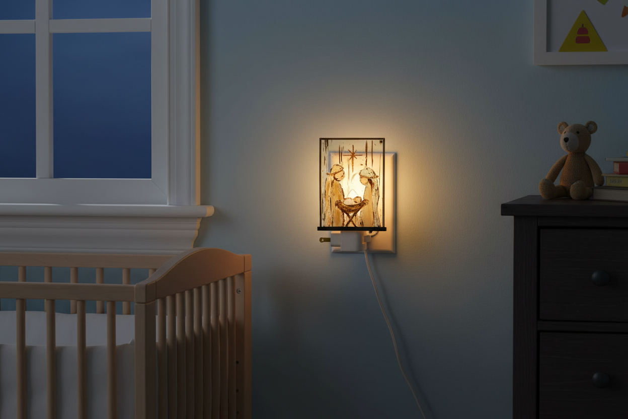 6.25-inch acrylic Holy Family nightlight glowing in a nursery wall outlet beside a crib