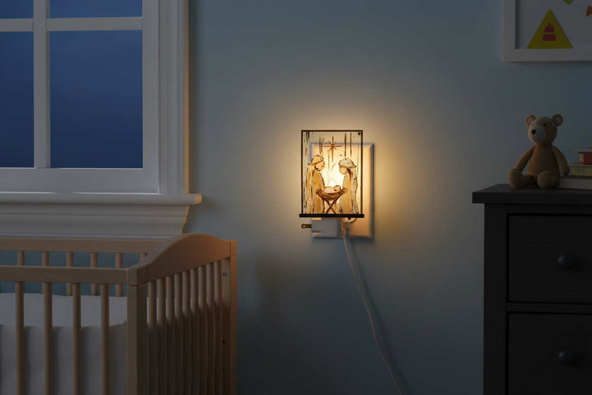 6.25-inch acrylic Holy Family nightlight glowing in a nursery wall outlet beside a crib