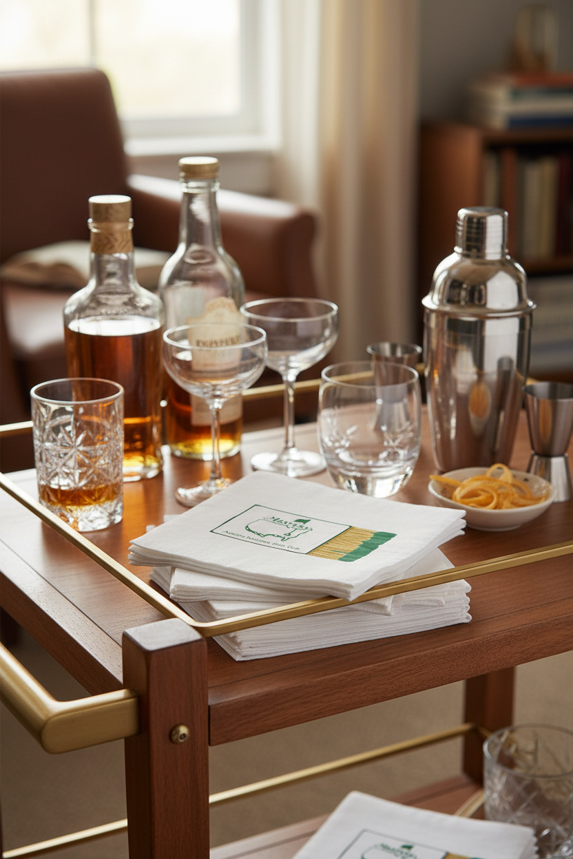 Bar cart with drinks and bar tools in a home setting highlighting masters linen napkins 