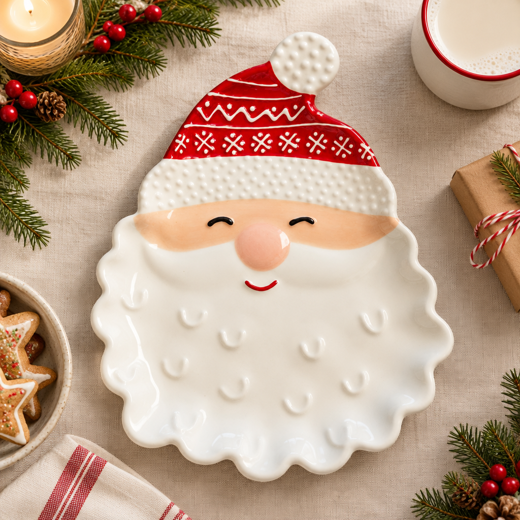Santa face-shaped Christmas platter with red patterned hat and white sculpted beard on a linen holiday table with greenery