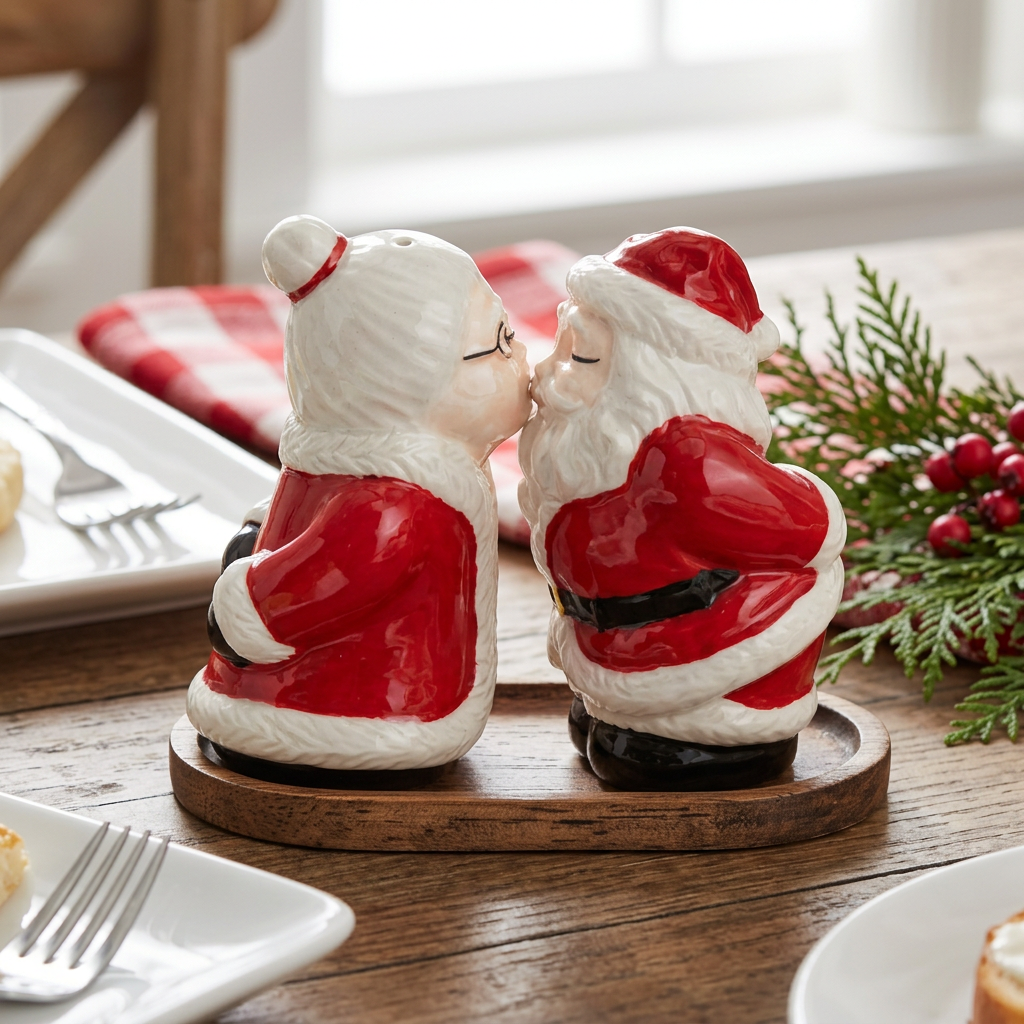Santa and Mrs. Claus salt and pepper shakers styled for Christmas brunch