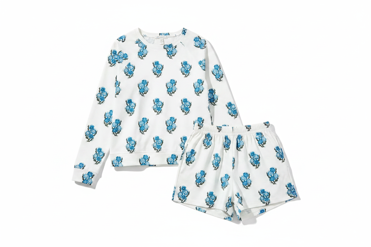 White pajama set with blue teddy bear pattern on a white background - Mary Square Annie Floral Short Set in Blue & Ivory -