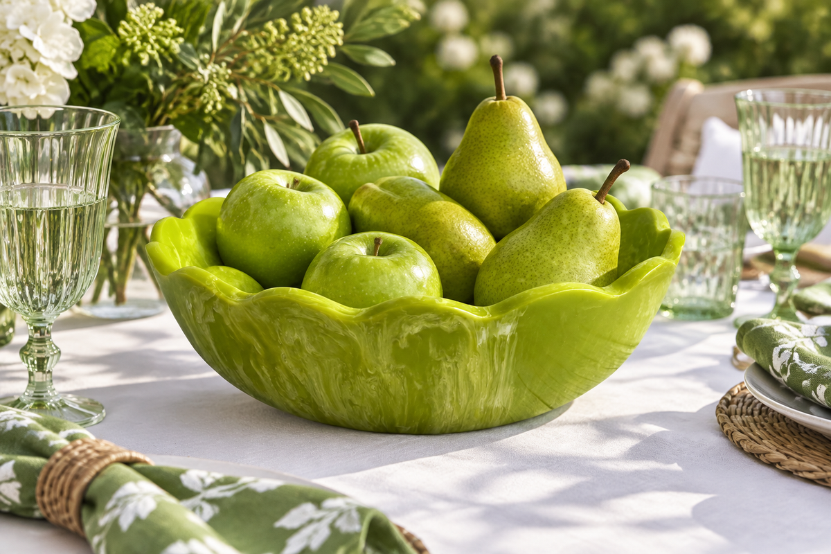 Laura Park lime green marbled resin scalloped bowl filled with green apples and pears on a white linen patio table
