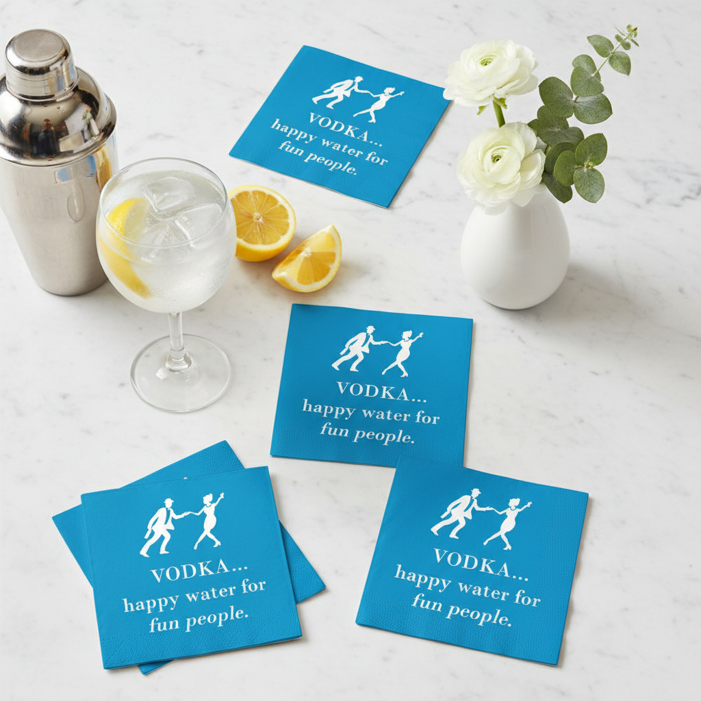 Cocktail napkins with a humorous vodka statement on a table with a cocktail and flowers.