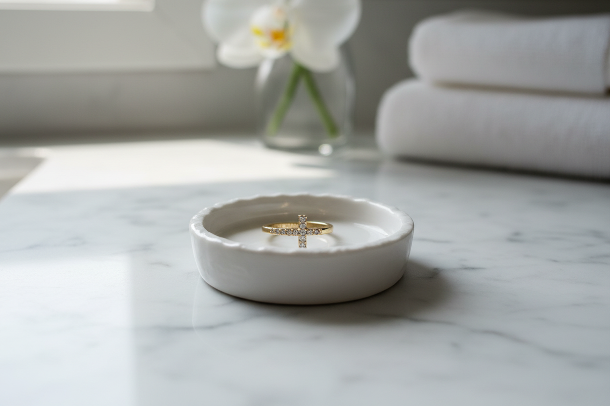 White ceramic ring dish with a gold ring on a marble surface, with a blurred background of white towels and a vase with flowers.