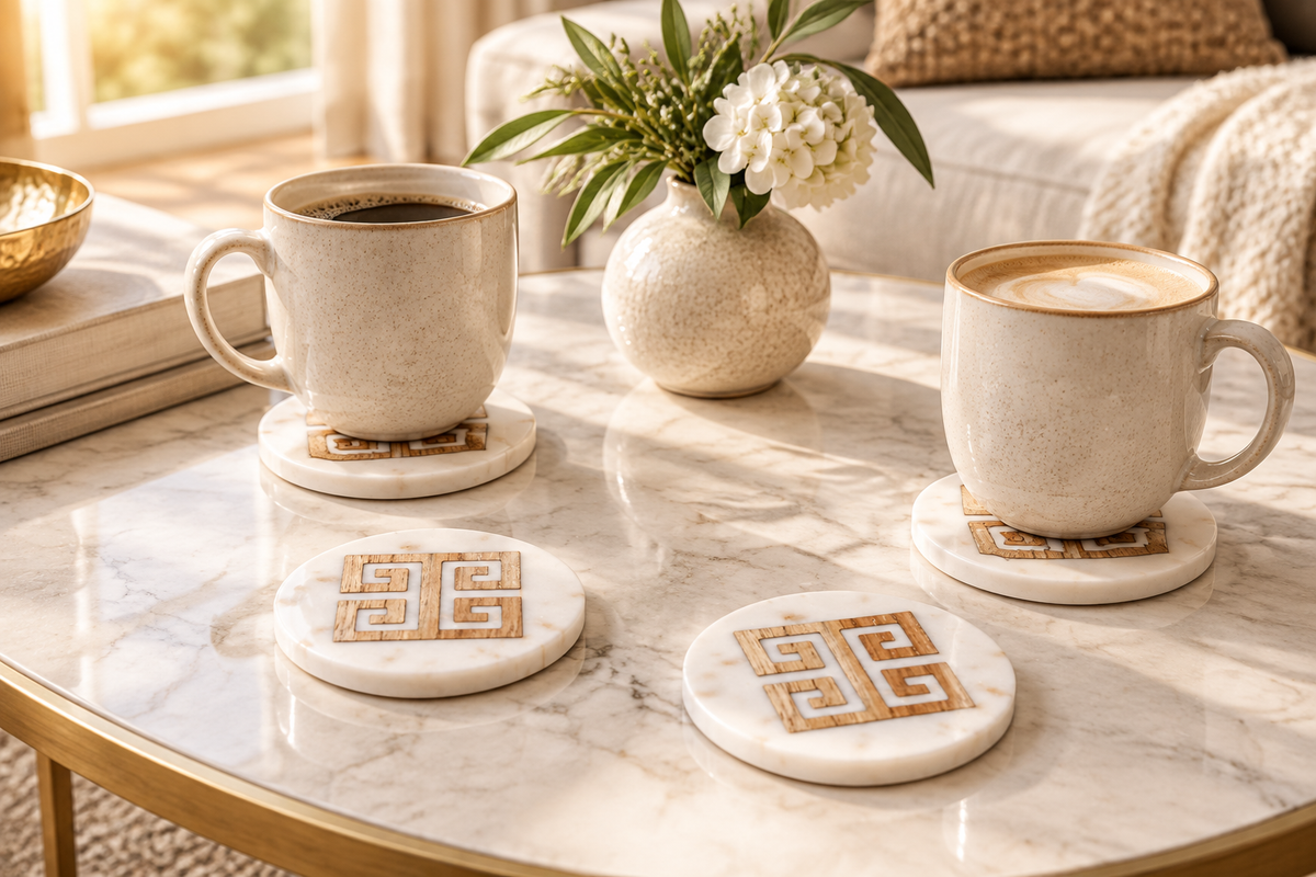 Set of four white marble coasters with wooden Greek key inlay styled with coffee mugs on an elegant coffee table