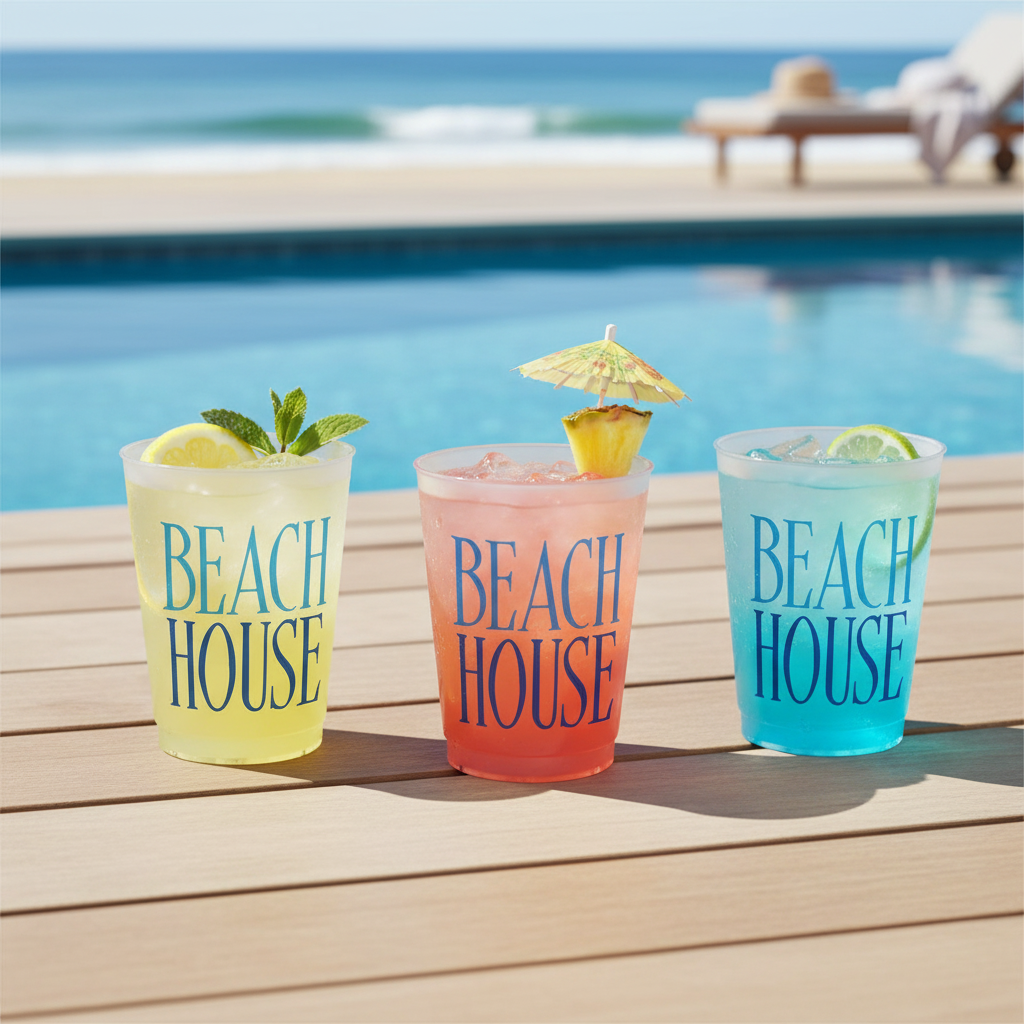 Beach House plastic cups filled with colorful summer drinks in a sunny coastal setting