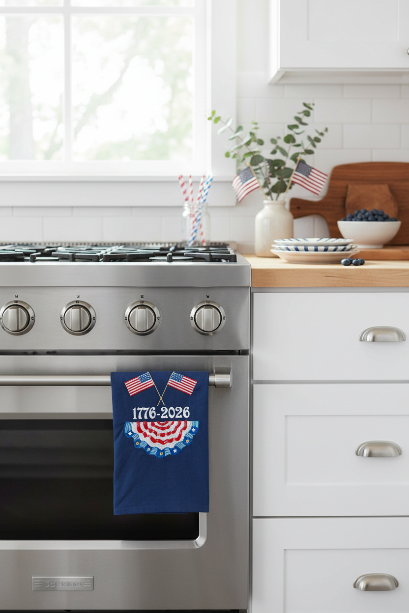 Navy blue 1776 American banner tea towel with crossed flags and patriotic bunting embroidery, draped over an oven handle in a bright kitchen