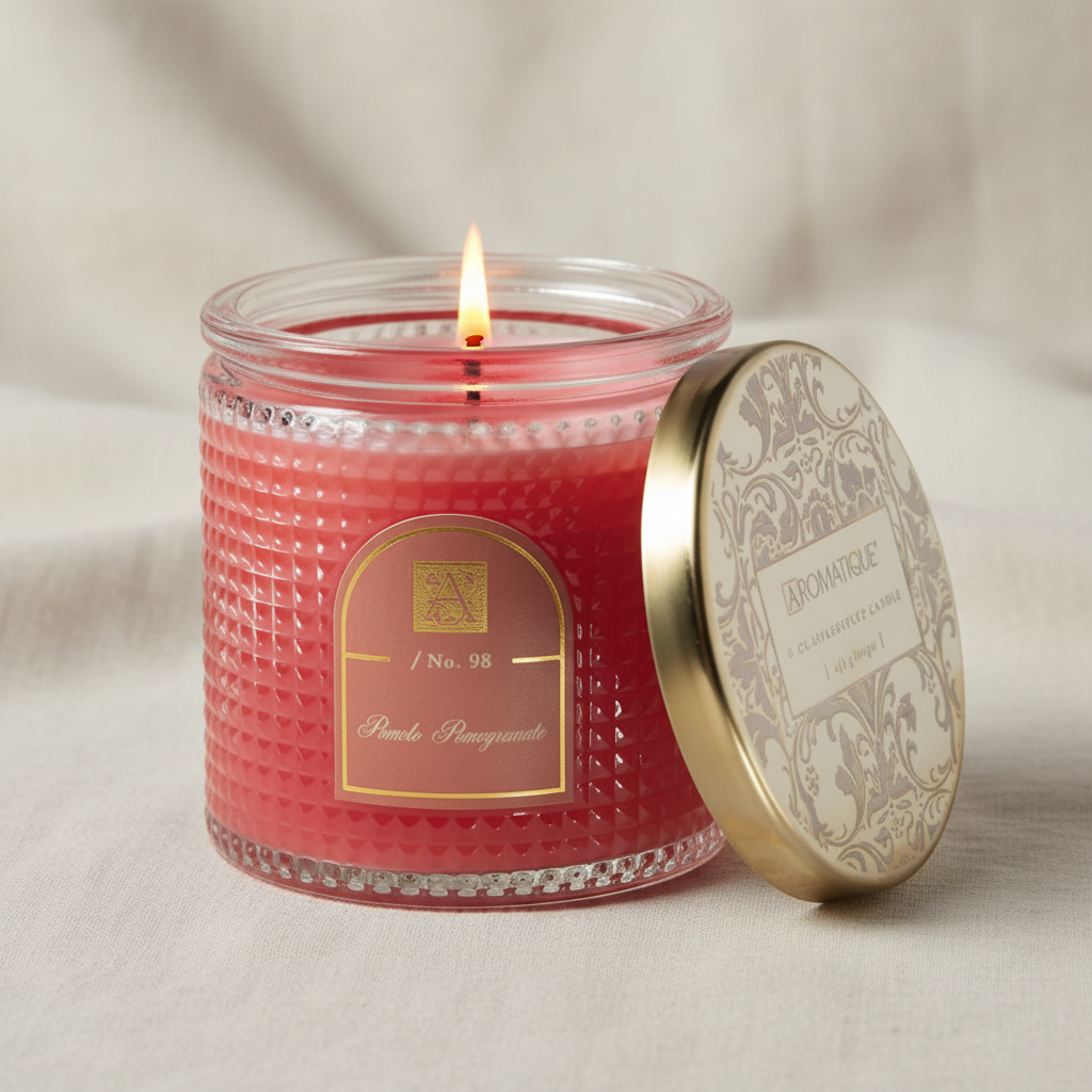 Aromatique Pink candle in a glass jar with a decorative lid on a neutral background
