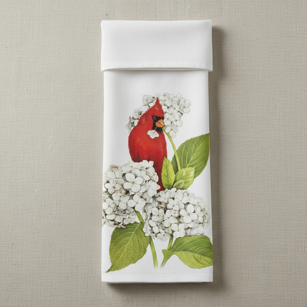 Cardinal Hydrangea tea towel with neat straight fold on natural linen backdrop